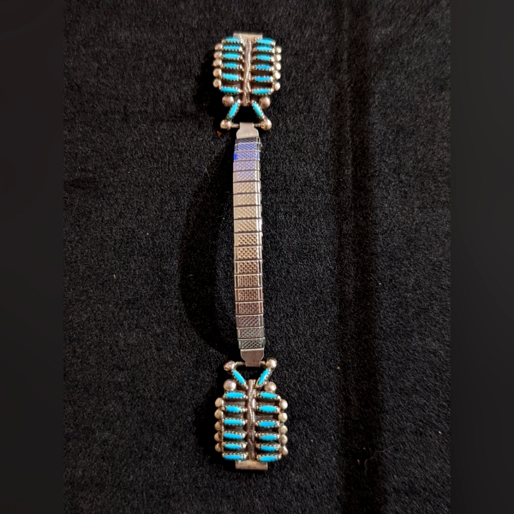 Vintage Silver & Turquoise Zuni Needlepoint Watch Band, Made by Lucy Gchachu